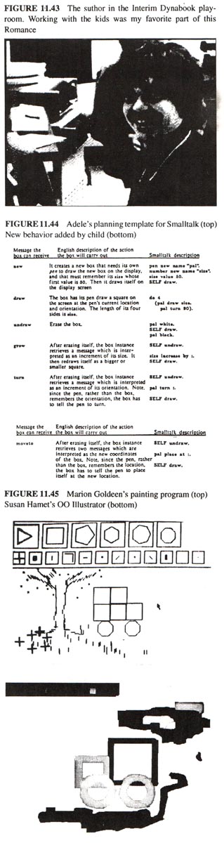 The author in the interim Dynabook playroom, Adele's planning template for Smalltalk (above) New behavior added by child (below), Marian Goldeen's painting program (above) Susan Hamel's OO Illustrator (below)