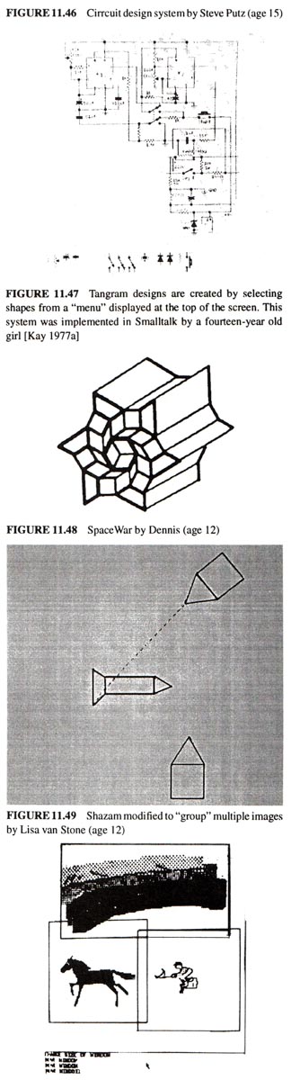 Circuit system by Steve Putz (age 15), Tangram designs are created by selecting shapes from a 'menu' displayed at the top of the screen. This system was implemented in Smalltalk by a fourteen year old girl [Kay 77]